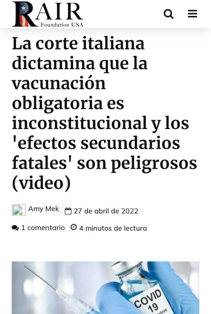 La corte italiana declara inconstitucional la vacunación obligatoria, los «efectos secundarios mortales» son demasiado&nbsp;riesgosos
