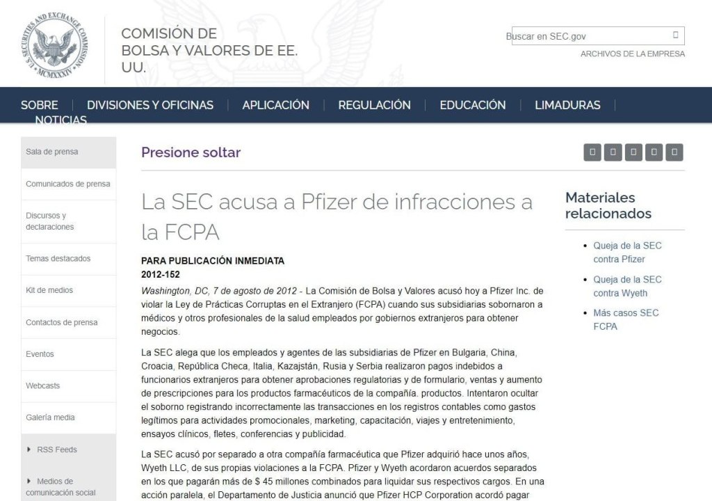 La Comisión de Bolsa y Valores acusó a Pfizer Inc. de violar la Ley de Prácticas Corruptas en el&nbsp;Extranjero
